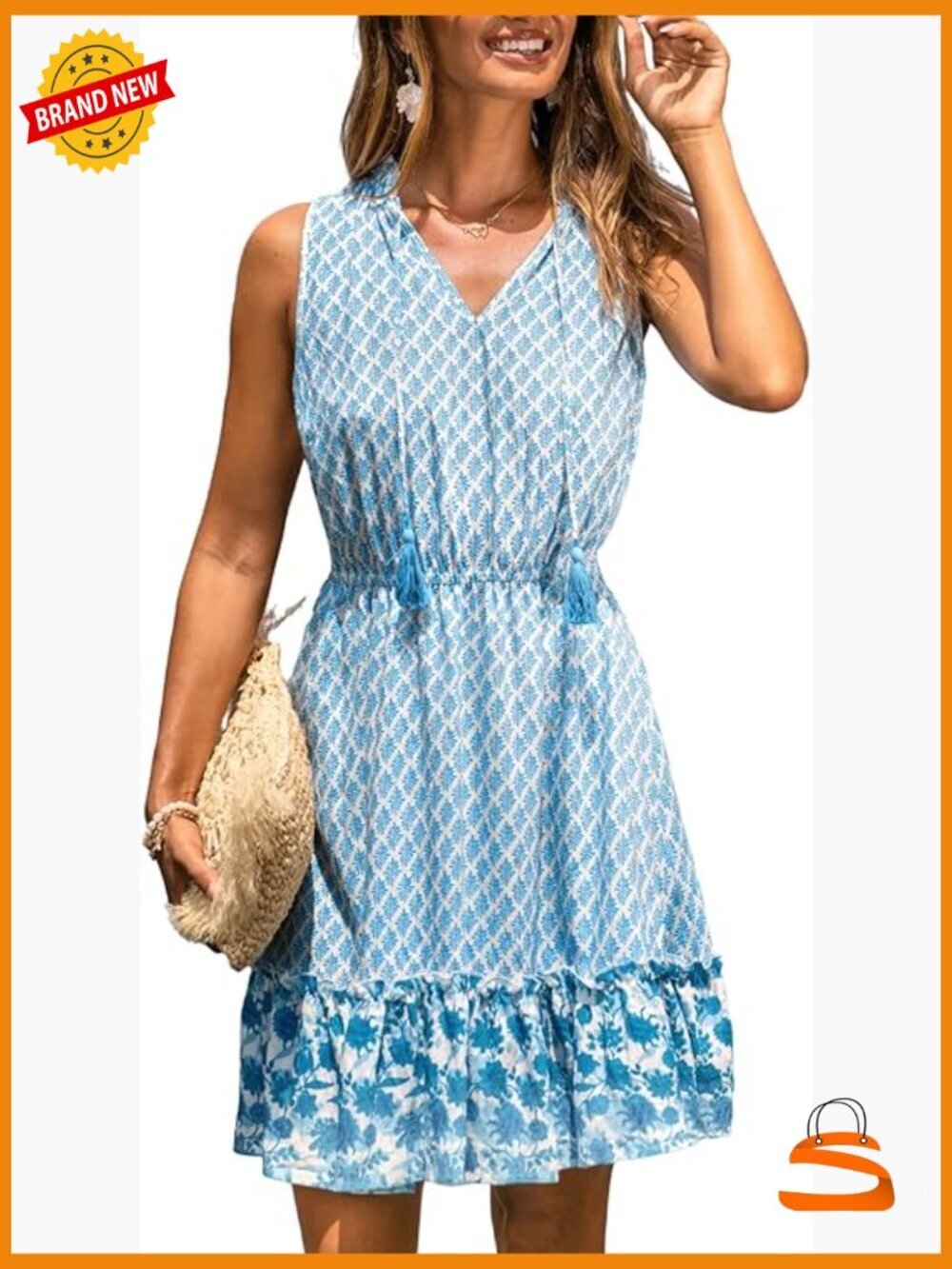 Mini Ruffle A-Line Sundress Notched V Neck Smocked Elastic Waist Flowy Vacation
